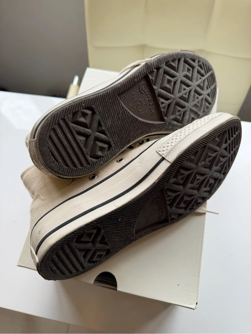 Converse High Top Sneakers in Cream with Black Trim and Rhinestone Star